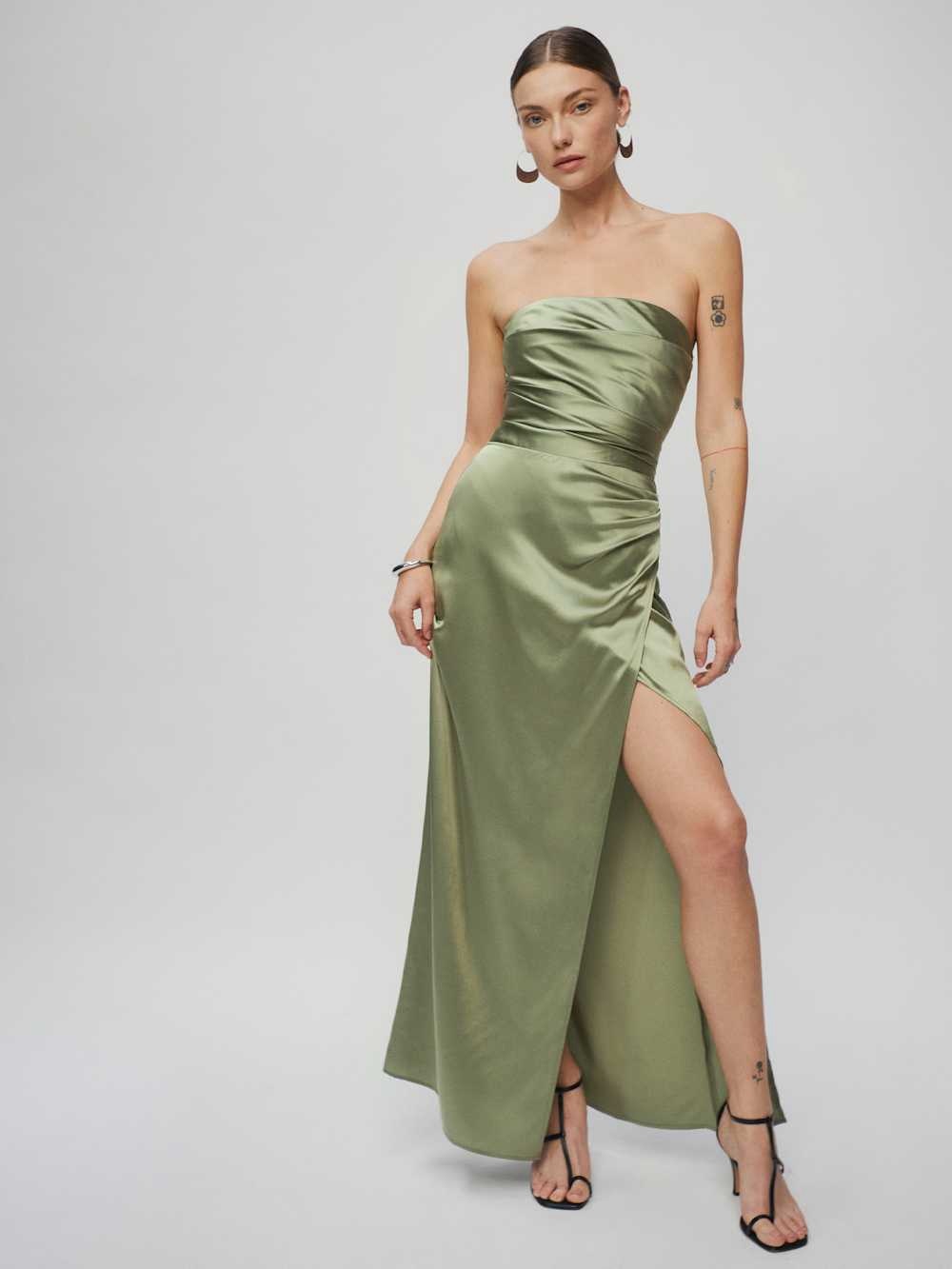 Reformation Barrow Silk Strapless Maxi Dress Olive Green Artichoke Slit Size 10